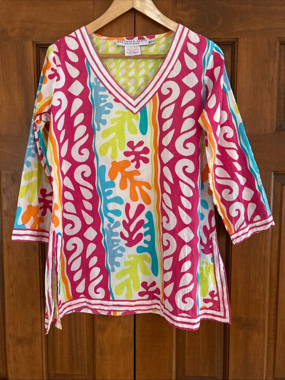 Gretchen Scott Designs V‑Neck Tunic in Pink, Turquoise, Lime & Orange women’s M